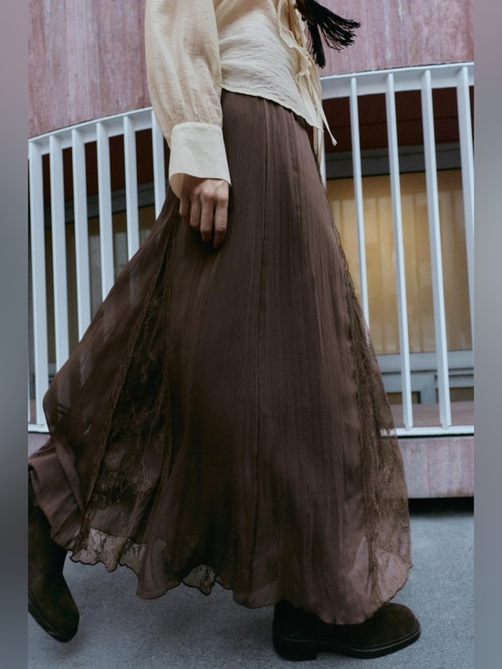Zara Dresses & Skirts - ZARA Lace Godet Chiffon Overlay Brown Maxi Elastic Waist Skirt. M NWT